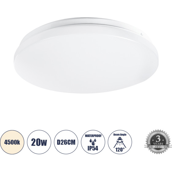 GloboStar Celano Led ���������� ������ ��������� �26 20W 1900lm 120� Ac 220-240V ��������� IP54 �26 x �6cm ������ ����� 4500K - 3 ������ ������� - (61006)