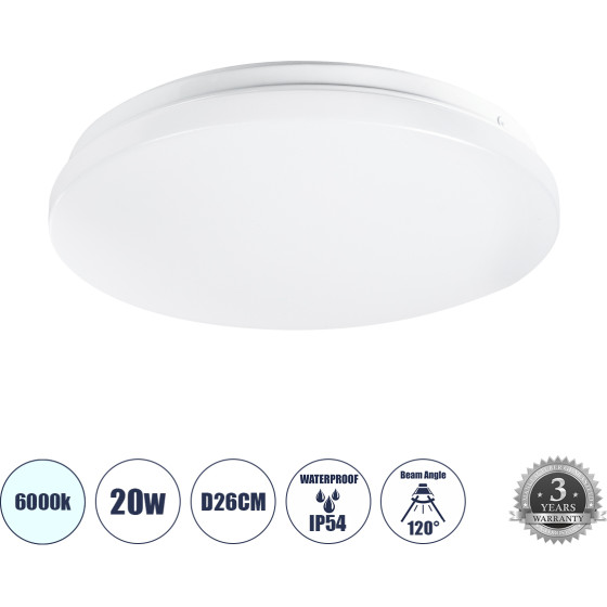 GloboStar Celano Led ���������� ������ ��������� �26 20W 2000lm 120� Ac 220-240V ��������� IP54 �26 x �6cm ����� ����� 6000K - 3 ������ ������� - (61005)