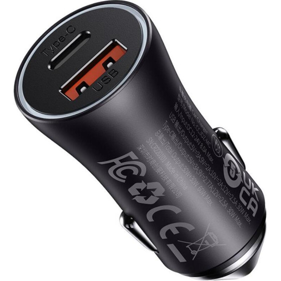 Baseus Car Charger Golden Contactor Max, Usb + USB-C, 60w Grey - (CGJM000113)