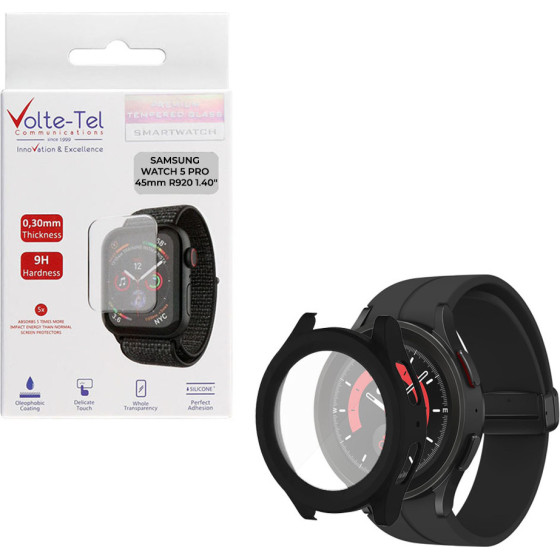 Volte-Tel Tempered Glass Samsung Watch 5 Pro R920 45mm 1.4'' 9H 0.30mm Pc Edge Cover With Key 3D Full Glue Full Cover BLACK - (5205308356216)