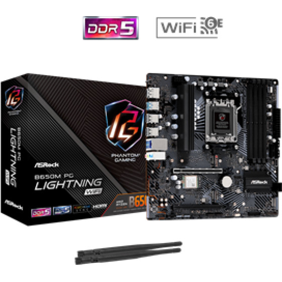 Asrock Mb Socket Amd AM5, Cs Amd B650, 4 Dimm Sockets DDR5, HDMI/DP, 2.5 Gigabit LAN, MICRO-ATX, 3YW. - (B650M Pg Lightning WIFI)