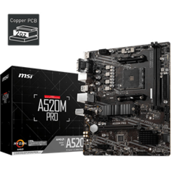 MSI Mb A520M PRO, Socket Amd AM4, Cs Amd A520, 2 Dimm Sockets DDR4, VGA/HDMI/DP, Gigabit LAN, MICRO-ATX, 3YW. - (911-7D14-011)