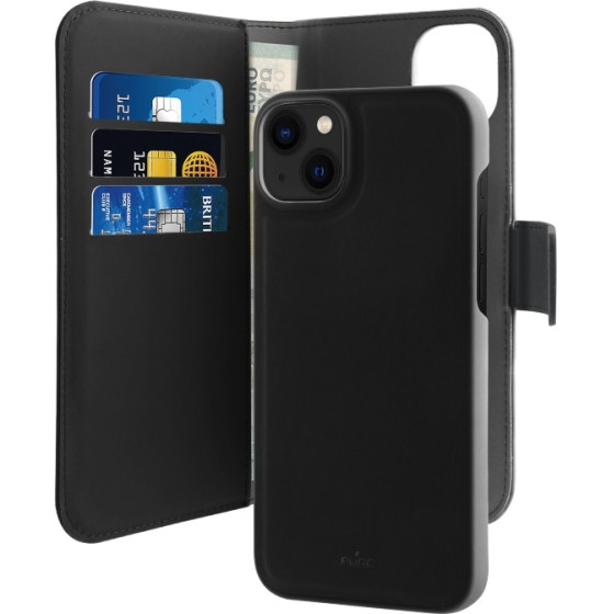 Puro Eco-Leather Case For Iphone 14 / 13 W/horiz.flip+3 Card Slot+Banknote Pocket+Magn Cover Black - (IPC1461BOOKC3BLK)