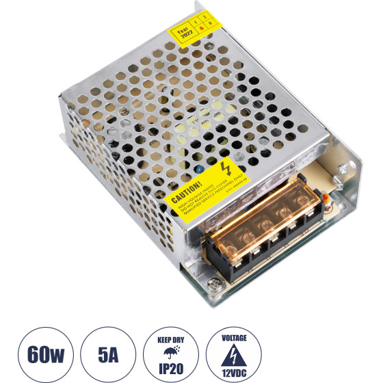 GloboStar ��������� ����������� Pelv ��� �������� Led 60W 5A - Ac 220-240V �� Dc 12V - IP20 - �11 x �8 x �3.5cm - 2 ������ ������� - (73033)