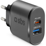 SBS Travel Charger 2 Ports Usb 2.1A & Pd 45W Black - (TRUSBTCPD45WK)