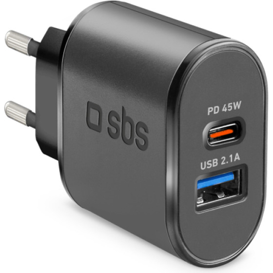 SBS Travel Charger 2 Ports Usb 2.1A & Pd 45W Black - (TRUSBTCPD45WK)