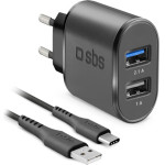SBS Travel Charger 2 Ports 2.1A + Data Cable Type C 1m Black - (ITTRC2U2AFASTK)