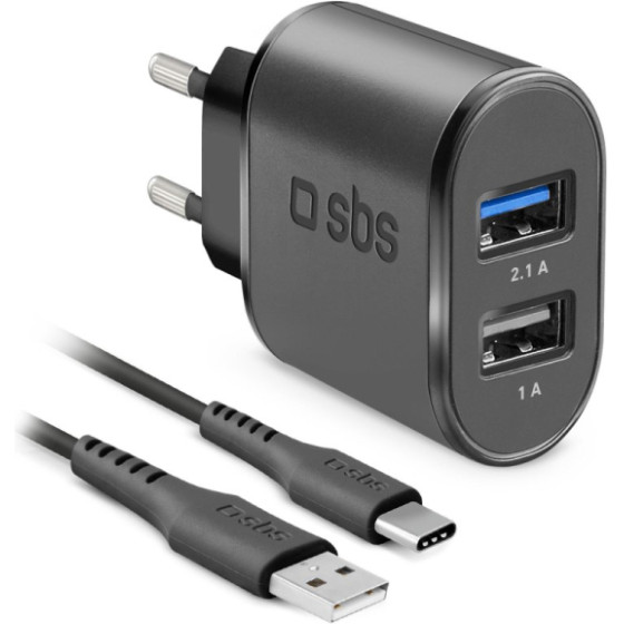 SBS Travel Charger 2 Ports 2.1A + Data Cable Type C 1m Black - (ITTRC2U2AFASTK)