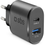 SBS Travel Charger 2 Ports USB/Type C 2.1A Black - (RAVUSBTC2AFAST)