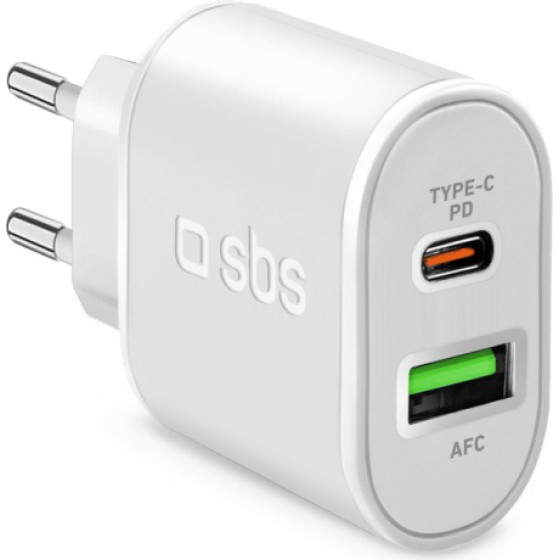 SBS Travel Charger 2 Ports USB/Type C Pd 20W White - (TRPD20W)