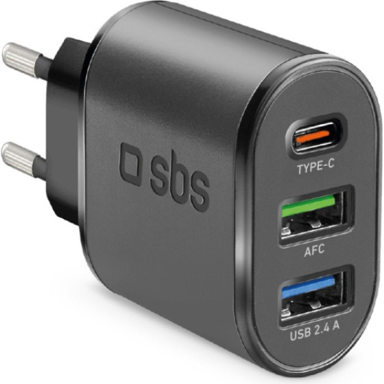 SBS Travel Charger 3 Ports USB/USB/Type C Pd 30W Black - (TR2USBTCPD30W)