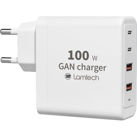 Lamtech Gan Fast Charger 2xTYPE-C & 2xQC3.0 Output 100W - (LAM113416)