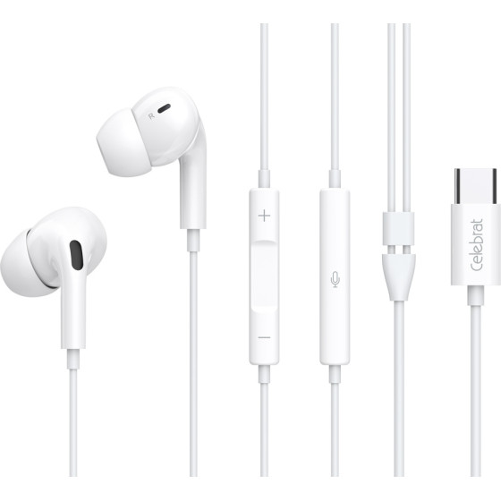 Celebrat Earphones �� ��������� E300, USB-C, 1.2m, ����� - (E300-WH)
