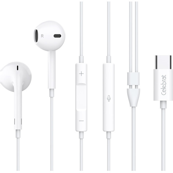 Celebrat Earphones �� ��������� E500, USB-C, 1.2m, ����� - (E500-WH)