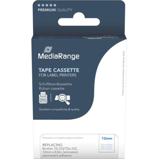 MediaRange Plastic Tape Cassette For Label Printers Using Brother TZ-233/TZe-233 12mm 8m Laminated Blue On White - (MRBTZ233)