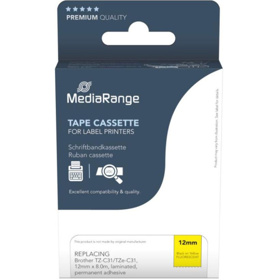 MediaRange Plastic Tape Cassette For Label Printers Using Brother TZ-c31/TZe-c31 12mm 8m Laminated Black On Fluorescent Yellow - (MRBTZC31)