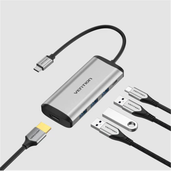 Vention Type-C To HDMI/Usb 3.0*3/Pd 87W Docking Station 0.15M Gray Metal Type - (CNBHB)