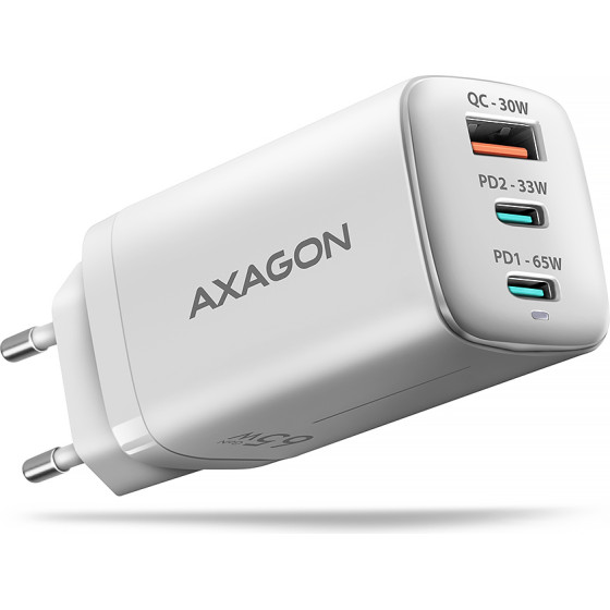 Axagon ACU-DPQ65 Gan Wall Charger, 3X Port (USB + Dual USB-C), PD3.0/QC4+/PPS/APPLE, 65W, Black