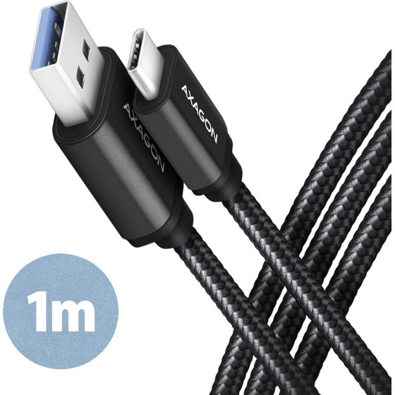 Axagon BUCM3-AM10AB Cable USB-C USB-A, 1M, USB 3.2 Gen 1, 3A, ALU, BRAID, Black