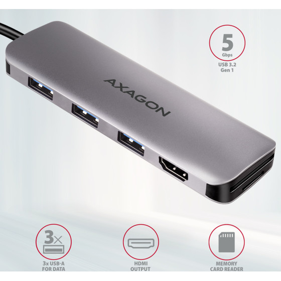 Axagon HMC-HCR3A 3X USB-A + HDMI + SD/MICROSD, USB-C 3.2 Gen 1 HUB, 20CM USB-C CABLE