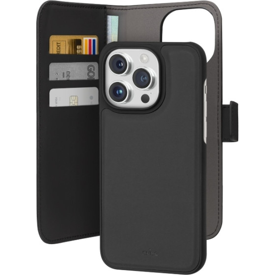 Puro Eco-Leather Detachable Wallet Case For Iphone 15 Plus, Black - (PUIPC1567BOOKC3BLK)
