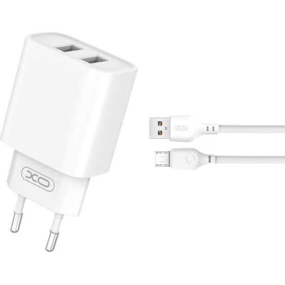 XO Travel Charger CE02C 2 Ports 2.1A + Data Cable Micro Usb White - (CE02CMW)