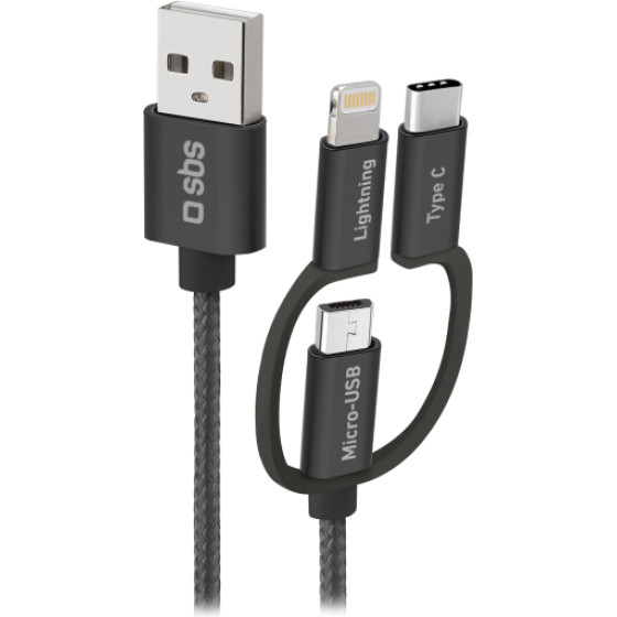 SBS Data Cable Mfi 3 �� 1 Type C / Micro Usb / Lightning 1.2m Black - (CABLEUSBIP531B)
