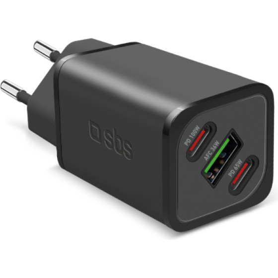 SBS Travel Charger Pd 100W Gan 3X Ports Black - (GANUSB2CPD100W)