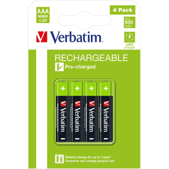 Verbatim AAA Premium Rechargeable Batteries HR03, 950mAh, 1.2V, Nimh - (049514)
