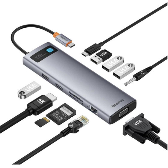 Baseus Hub 11in1 Starjoy Metal Glam Series USB-C To Hdmi +Vga + 3 x Usb 3.0 + Usb 2.0+USB-C Pd + RJ45 + SD/Tf +35mm - (B00030709811-00)