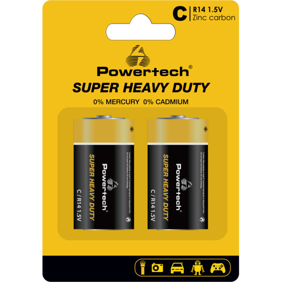 Powertech ��������� Zinc Carbon Super Heavy Duty R14 1.5V, 2��� - (PT-1221)