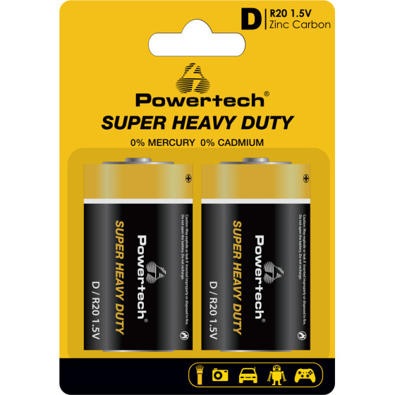 Powertech ��������� Zinc Carbon Super Heavy Duty R20 1.5V, 2��� - (PT-1222)