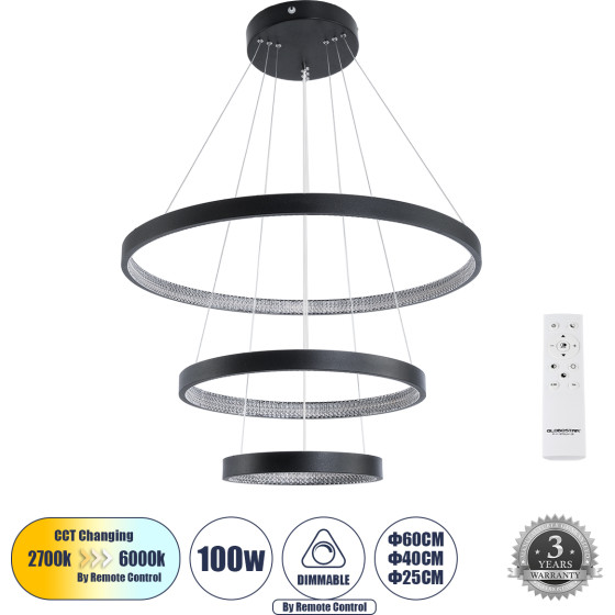 GloboStar Diamond Trio �������� ��������� ���������-������ Led Cct 100W 11200lm 360� Ac 220-240V - �������� �������� ���� ���������������� AIO ����� 6000k+������ 4500k+����� 2700k Dimmable �25+40+60cm - ����� - 3 ������ ������� - (61523)