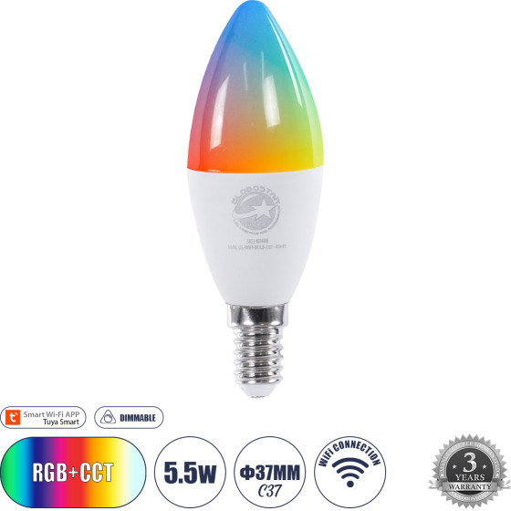 GloboStar ������ ����� Led E14 C37 ������ Smart Home Wifi 5.5W 550lm 260� Ac 220-240V IP20 �3.7 x �11cm RGB+Cct - �������� �������� & Dimming ���� ��������� Tuya - Bridgelux Chip 3 ������ ������� - (60488)