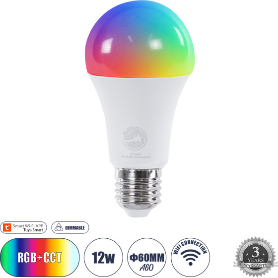 GloboStar ������ ����� Led E27 A60 ������� Smart Home Wifi 12W 1200lm 260� Ac 220-240V IP20 �6 x �12cm RGB+Cct - �������� �������� & Dimming ���� ��������� Tuya - Bridgelux Chip 3 ������ ������� - (60490)