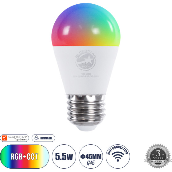 GloboStar ������ ����� Led E27 G45 �������� Smart Home Wifi 5.5W 550lm 260� Ac 220-240V IP20 �4.5 x �8.8cm RGB+Cct - �������� �������� & Dimming ���� ��������� Tuya - Bridgelux Chip 3 ������ ������� - (60489)