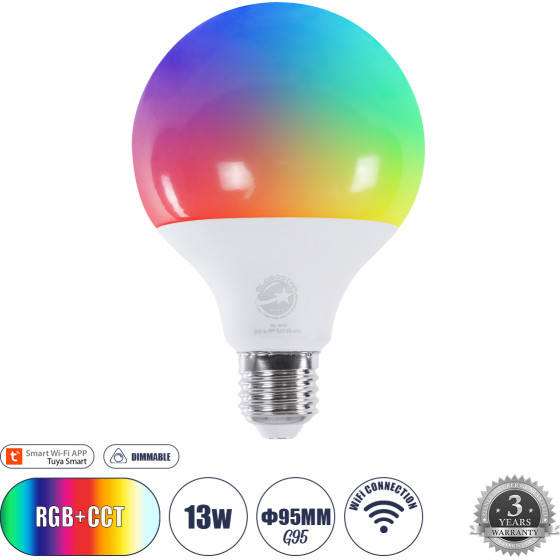 GloboStar ������ ����� Led E27 G95 ������� Smart Home Wifi 13W 1300lm 260� Ac 220-240V IP20 �9.5 x �13.5cm RGB+Cct - �������� �������� & Dimming ���� ��������� Tuya - Bridgelux Chip 3 ������ ������� - (60491)