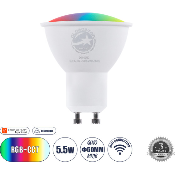 GloboStar ������ ���� Led GU10 MR16 Smart Home Wifi 5.5W 550lm 120� Ac 220-240V IP20 �5 x �6.5cm RGB+Cct - �������� �������� & Dimming ���� ��������� Tuya - Bridgelux Chip 3 ������ ������� - (60487)