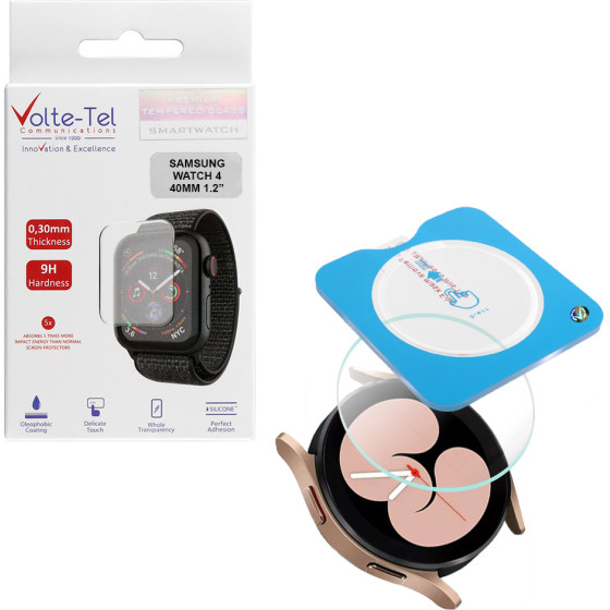 Volte-Tel Tempered Glass Samsung Watch 4 40MM 1.2'' 9H 0.30mm 2.5D Easy Application Full Glue Full Cover TRANSPARENT