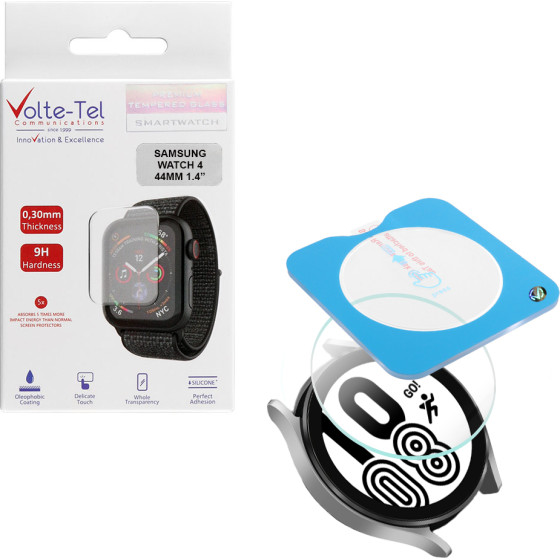 Volte-Tel Tempered Glass Samsung Watch 4 44MM 1.4'' 9H 0.30mm 2.5D Easy Application Full Glue Full Cover TRANSPARENT