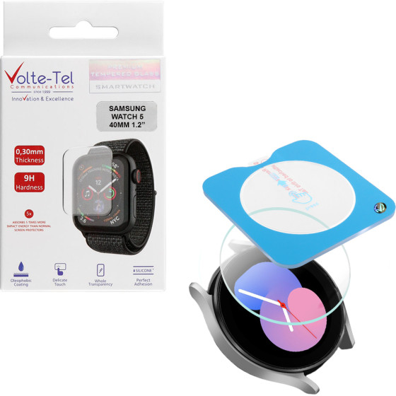 Volte-Tel Tempered Glass Samsung Watch 5 40MM 1.2'' 9H 0.30mm 2.5D Easy Application Full Glue Full Cover TRANSPARENT