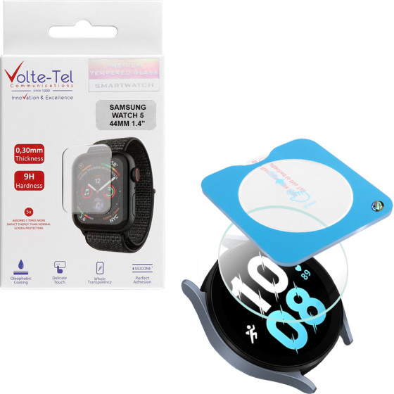 Volte-Tel Tempered Glass Samsung Watch 5 44MM 1.4'' 9H 0.30mm 2.5D Easy Application Full Glue Full Cover TRANSPARENT