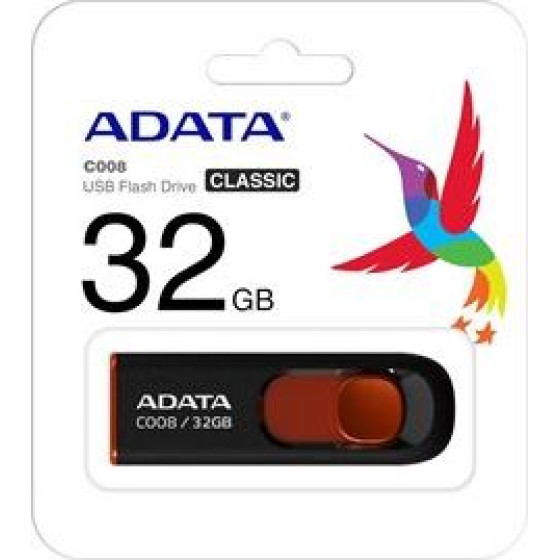 Adata Flash Usb Drive 32GB USB2.0, RETRACTABLE, BLACK/RED, 5YW. - (AC008-32GB-RKD)