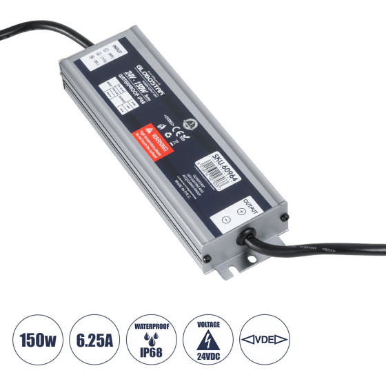 GloboStar ��������� ����������� Selv ��� �������� �������� Led 150W 6.25A - Ac 220-240V �� Dc 24V �� 1.2m Vde ������� ������� & ������ ����������� - ��������� IP68 - M20 x W5.5 x H2.5cm - 3 ������ ������� - (60964)