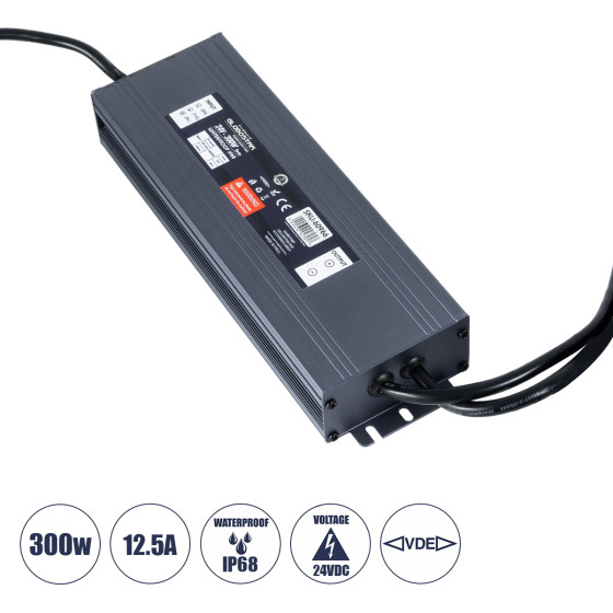 GloboStar ��������� ����������� Selv ��� �������� �������� Led 300W 12.5A - Ac 220-240V �� Dc 24V �� 1.2m Vde ������� ������� & ������ ����������� - ��������� IP68 - M23.5 x W7.5 x H3.6cm - 3 ������ ������� - (60966)