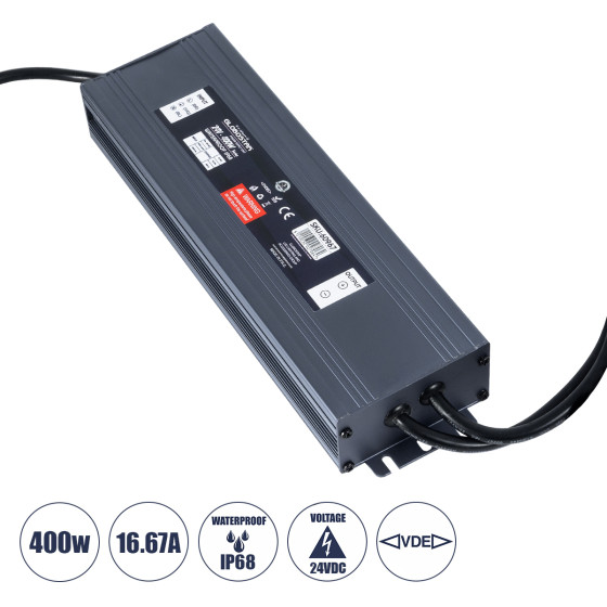 GloboStar ��������� ����������� Selv ��� �������� �������� Led 400W 16.67A - Ac 220-240V �� Dc 24V �� 1.2m Vde ������� ������� & ������ ����������� - ��������� IP68 - M25.5 x W7.5 x H4cm - 3 ������ ������� - (60967)
