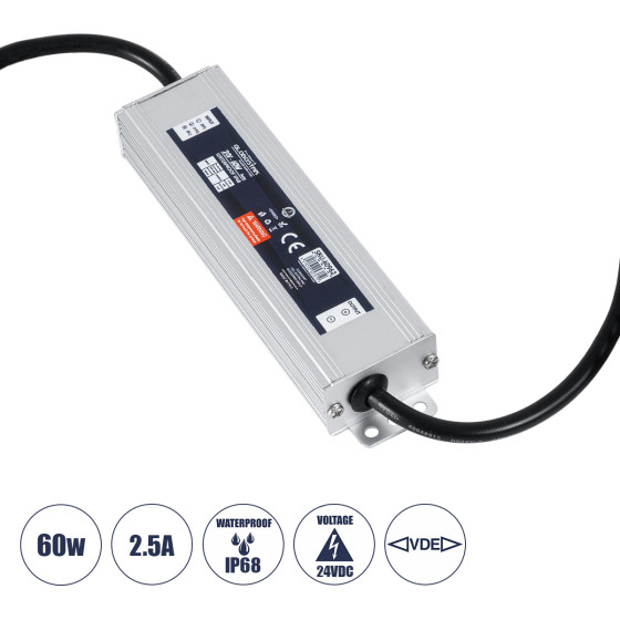 GloboStar ��������� ����������� Selv ��� �������� �������� Led 60W 2.5A - Ac 220-240V �� Dc 24V �� 1.2m Vde ������� ������� & ������ ����������� - ��������� IP68 - M15 x W3.5 x H2cm - 3 ������ ������� - (60962)