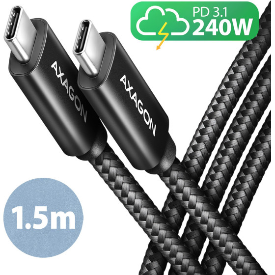 Axagon BUCM2-CM15AB Charge Cable USB-C USB-C 2.0, 1.5M, Pd 240W 5A, ALU, BRAID, BLACK