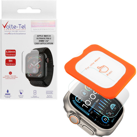 Volte-Tel Tempered Glass Apple Watch ULTRA/Ultra 2 49mm 1.92'' 9H 0.30mm 2.5D Easy Application Full Glue Full Cover TRANSPARENT