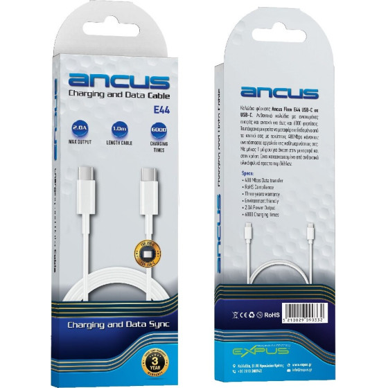 Ancus ������� �������� ��� �������� USB-C �� USB-C 2.0A 480Mbps Data Transfer ����� 1�. - (Flow E44)
